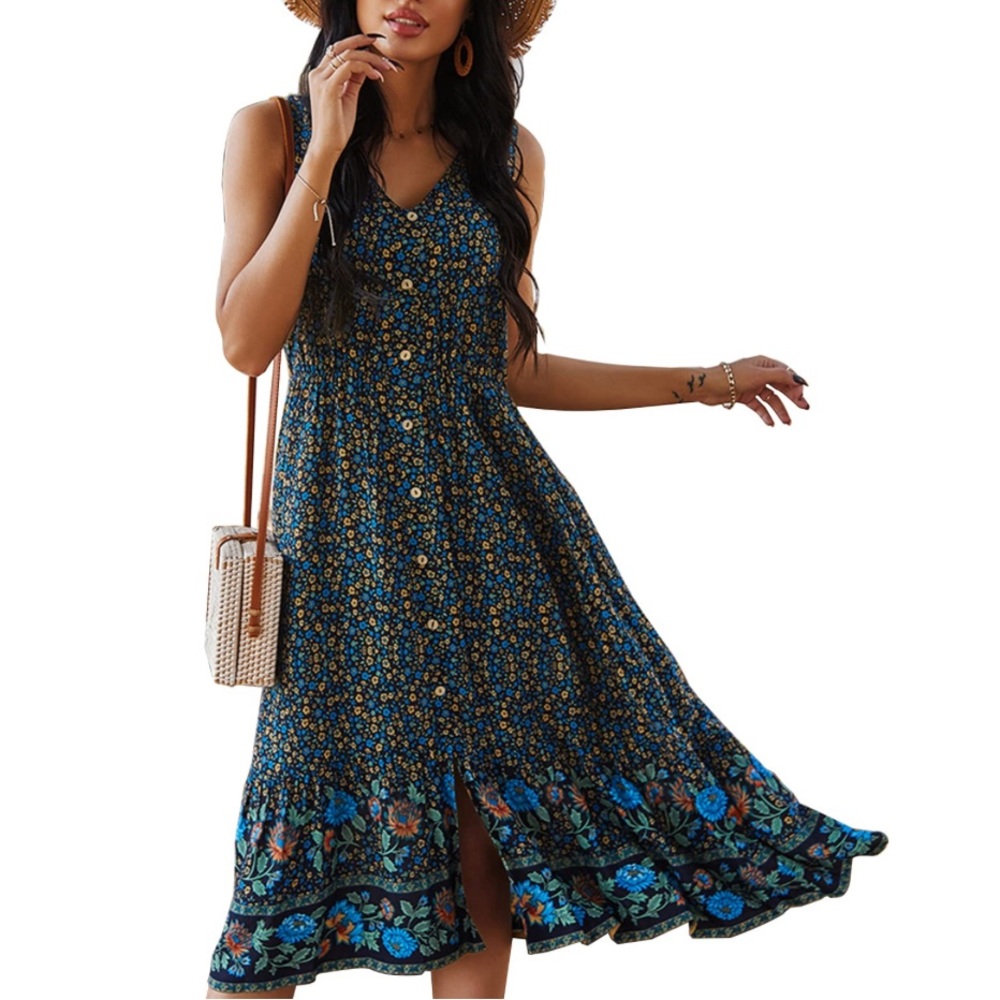 TEMOFON Women's M Sleeveless Button Down Floral Summer Dress Boho